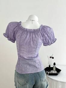 Elamini White Eyelet Embroidery Elegant Waist-Cinching Short Sleeve Blouse, Suitable For Summer - Purple - View 2
