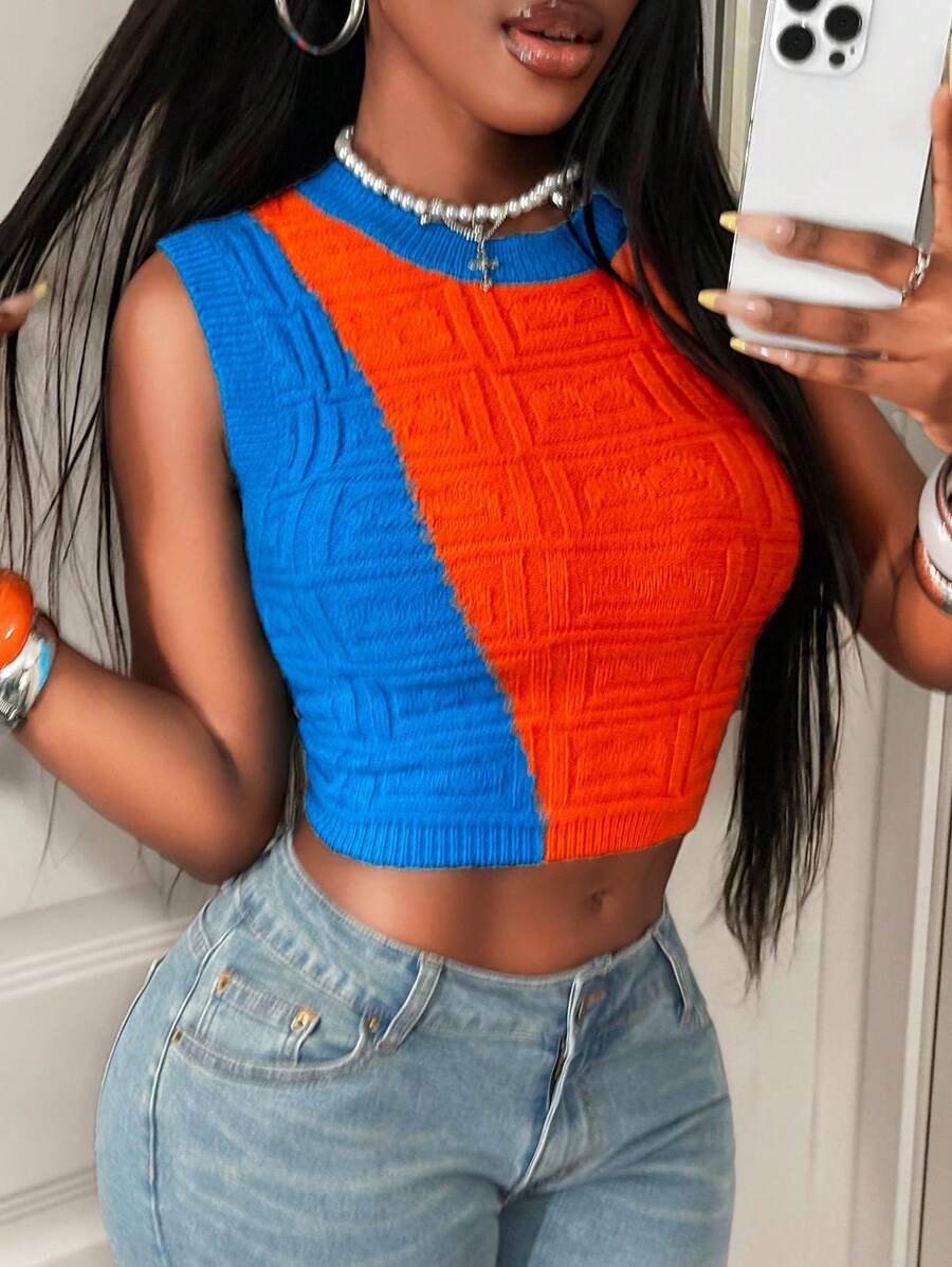 BamGleam 女式橙色撞色罗纹提花无袖短款修身休闲针织上衣 - 橘色 - 查看 1