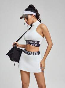 Innovista Innovista 女士运动网球套装，包括露脐运动上衣、运动文胸和短裙短裤，运动风格，内置字母条纹短裤口袋，必备配套运动服，适合从办公室到球场、早午餐到健身房的各种场合，两件套运动休闲装，全天候舒适透气，适合跑步、骑行、高强度间歇训练等各种运动，实用时尚。 - 白色 - 查看 3