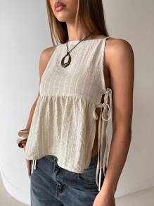 Aloruh 女士休闲系带亚麻白色和米色条纹无袖上衣，女士夏季上衣，度假