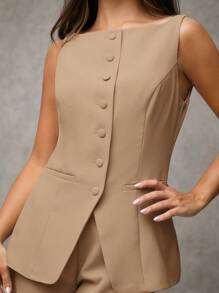 SHEIN BAE Women's Solid Color Round Neck Single-Breasted Vest And Pants Elegant Commuter Suit, Summer Fall Women Clothes Women Set Office Wear Business Casual Women Two Pieces Outfits Fall Women Office Wear Women Set Women Blazers Set