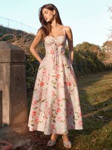 SHEIN Unity Vestido camisero largo nuevo con estampado y falda abullonada para mujer, vestido de princesa para primavera/verano - Rosa - Ver 1