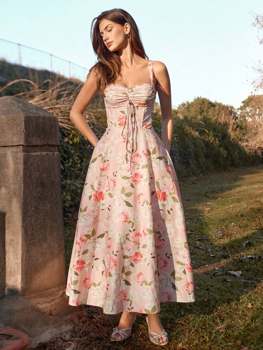 SHEIN Unity Vestido camisero largo nuevo con estampado y falda abullonada para mujer, vestido de princesa para primavera/verano - Rosa - Ver 1