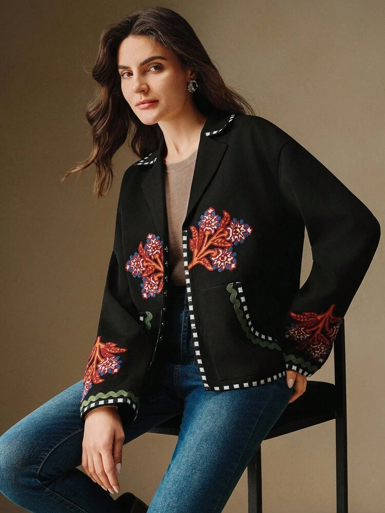 女性用 秋冬 ルーズ ブラック 刺繍襟 ジャケット