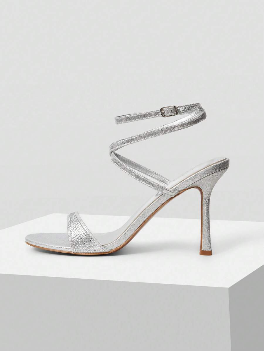 MOTF PREMIUM WOMEN'S CRISS-CROSS STRAP ROUND TOE HIGH HEEL SANDALS, FASHION & VERSATILE FOR SUMMER SPRING SHOES - Silver - View 1