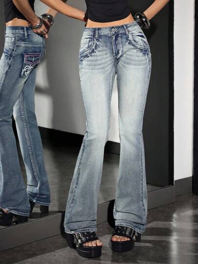 Jeanoix Women's Vintage Denim Embroidered & Rhinestone Decorated Super Low Waist Flare Pants