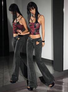 Jeanoix Women's Denim Super Low Rise Heart Cutout Flare Pants