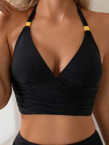 Swim Basics Bộ đồ bơi bikini 2 mảnh hở vai màu trơn cho nữ kèm phụ kiện vàng, thích hợp cho kỳ nghỉ ở bãi biển - màu đen - Xem 4