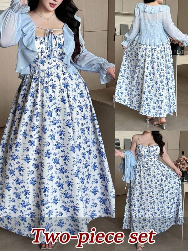 Vibekara Conjunto de 2 piezas de vestido azul con estampado floral de pequeñas flores y chaqueta larga de manga larga de gasa con volantes, elegante, vintage y lindo para días festivos y uso casual, talla grande