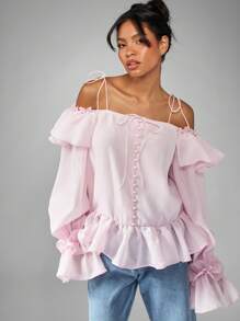 MISSGUIDED Ruffle Trim Off Shoulder Peplum Blouse Long Sleeve Button Front Tie Shoulder Puff Volume Top Spring Summer Holiday Occasion Wear Festival Clothing - Pink - View 1