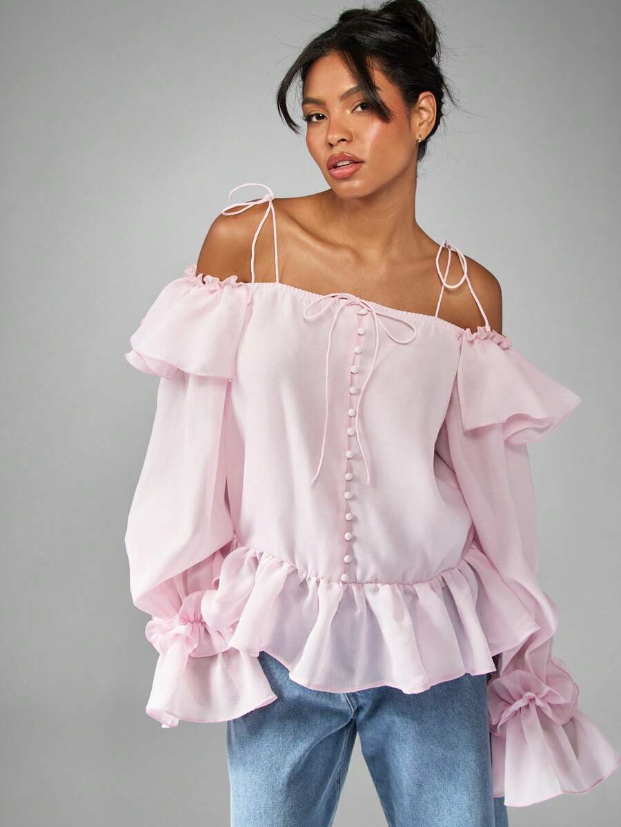 MISSGUIDED Ruffle Trim Off Shoulder Peplum Blouse Long Sleeve Button Front Tie Shoulder Puff Volume Top Spring Summer Holiday Occasion Wear Festival Clothing - Pink - View 1
