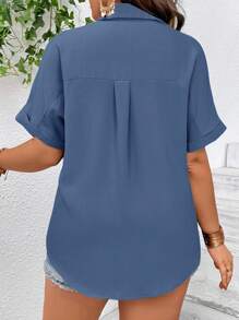 SHEIN LUNE 大码女式纯色蝙蝠袖单排扣休闲衬衫 - 霧霾藍 - 查看 2