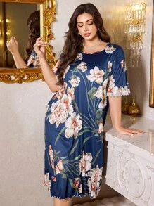 LuxeNights 花卉印花圆领荷叶边袖口加大码睡袍 - 藍色 - 查看 4