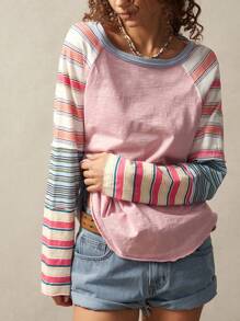 Bohemela 女士加大码圆领条纹插肩袖休闲宽松 T 恤