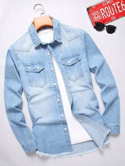 Manfinity Homme Men's Casual Street Style Flap Pocket Fringed Denim Shirt, All-Season Slim Fit, Fall