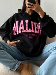 SHEIN Tween Girls Black Fitted Casual Fashionable Creative Minimalist Letter Slogan Graphic Print Sweatshirt Malibu California Sweatshirt Black Graphic Sweatshirt Tween Girl Sweatshirts For Tween Girls Tween Girl Sweatshirts Fall Winter - Black - View 3