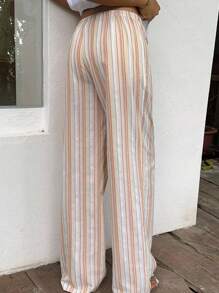 SHEIN EZwear Women's Cotton Linen Casual Striped Wide-Leg Pants For Vacation,Summer / Fall Outfits - Multicolor - View 2