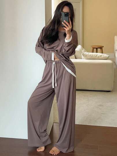 DAZY 女士简约撞色设计休闲家居服套装，秋冬服装，舒适穿搭