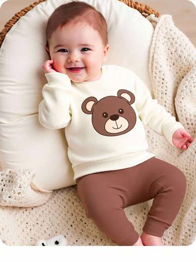 SHEIN Nyfödd baby casual tecknad björn grafisk tröja set, lämplig för sommaren