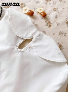 1 件青少年女孩不对称领套头衫长袖白色休闲校服衬衫，秋季 - 白色 - 查看 4