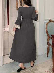 DAZY Romantic Ruffle Trim Waist Contrast Color Nightgown For Women, Fall Pajama