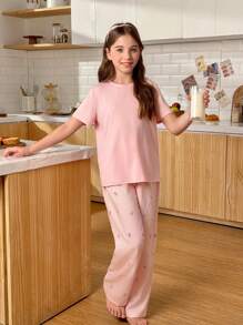 SHEIN 少女休闲宽松纯色T恤和条纹蝴蝶结印花长裤睡衣套装 - 粉色 - 查看 4