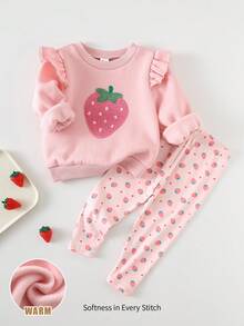 Cozy Pixies 2件套女婴草莓图案柔软针织圆领长袖运动衫和松紧腰裤套装 - 彩色 - 查看 1