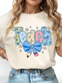 EMERY ROSE 大码夏季休闲字母蝴蝶结印花圆领短袖T恤 - 杏色 - 查看 1