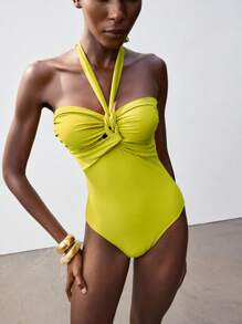 Maija 1 bộ đồ bơi liền thân cổ yếm đơn giản và thời trang dành cho nữ mặc hàng ngày, trang phục lễ hội ngày 4 tháng 7, lễ thánh John, trang phục tốt nghiệp, đồ bơi kiểm soát bụng, trang phục đi nghỉ ở bãi biển - Màu Mù tạt vàng - Xem 1