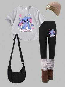 女童休闲时尚创意可爱卡通蓝色兔子与字母标语图案印花短袖T恤+长裤2件套搭配服装（2套单独出售） - 彩色 - 查看 3