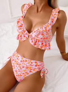 SHEIN Swim 2pcs Women Summer Floral Print Ruffles Tied High Waist Drawstring Cute Bikini Set - Multicolor - View 1