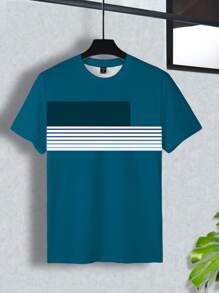 Manfinity Homme Men's Casual Colorblock Striped Round Neck Short Sleeve T-Shirt, Summer