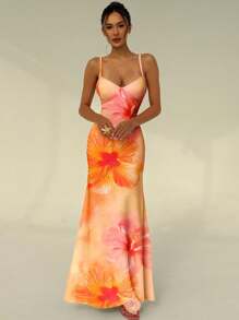 Aloruh Tropical Hibiscus Print Cami Strap Bodycon Sexy Dress, Beach, Vacation, Tropical Print Dress, Orange Summer Dress, Chill Vacation, Summer Getaway, Summer Holiday Chic Dress - Orange - View 5