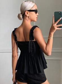 DAZY Damen einfarbiges figurbetontes Spitzen-Schnürung Schwarz Lässig Urlaubs-Trägertop, Ausgehen