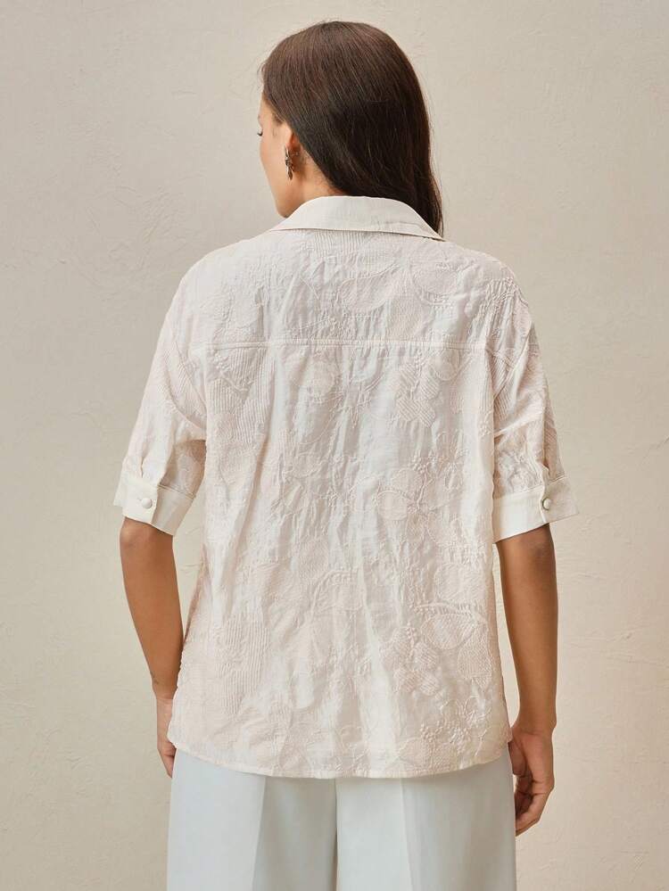 Elegant Women's Collared Floral Embroidered Semi-Sheer Cardigan, Suitable For Spring/Summer Vacation, Holiday, Beach, Festival