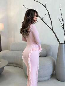 Jemour 优雅花朵点缀长袖粉色连衣裙，秋季服装，适合休闲约会、活动和派对