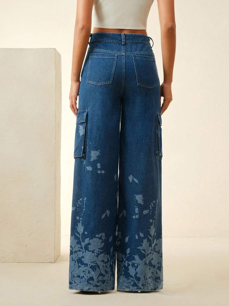 Floral Print Straight Leg Utility Jeans
