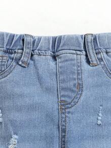 SHEIN Quần jean skinny cạp chun, kiểu dáng vintage đơn giản cho bé trai, màu xanh denim bạc màu, họa tiết râu mèo, gợn sóng, sờn rách, thích hợp cho mùa thu/đông, đi học và phong cách đường phố. - Rửa nhẹ - Xem 3