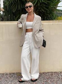 Livesso 女士亚麻宽松休闲条纹长袖西装外套，秋季女装商务装 - 灰色 - 查看 4