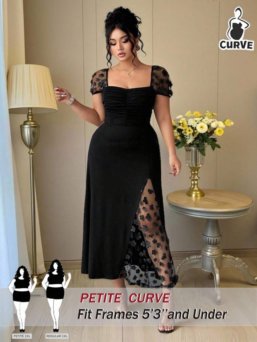 SHEIN PETITE 方领荷叶边下摆开叉优雅淑女连衣裙，夏季 - 黑色 - 查看 1