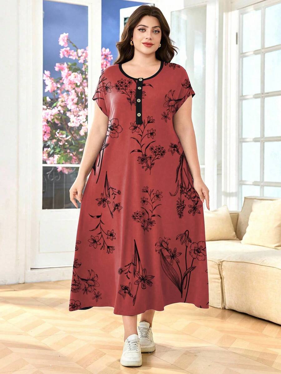 SHEIN Lacomfia 夏季大码休闲花卉印花连衣裙 - 紅色 - 查看 1