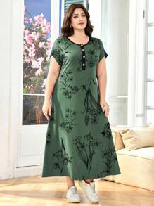 SHEIN Lacomfia Plus Size Summer Casual Floral Print Dress - Green - View 4