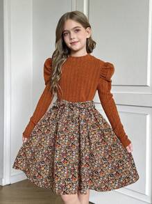 SHEIN Tween Girl Brown Color Boho Knitted Round Neck Long Sleeve Patchwork Ditsy Floral Dress, Suitable For Autumn Winter, Winter Dress For Holiday