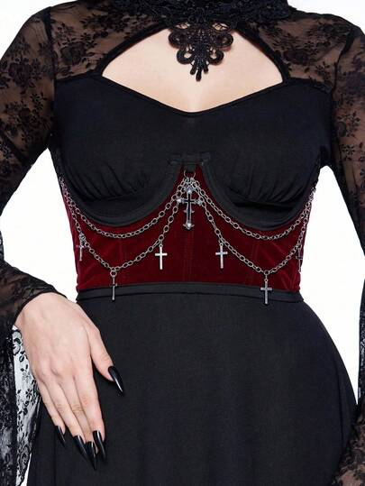 Grunge Punk 1pc Women's Burgundy Velvet Fabric Cross Decor Dark Punk Style Christmas Lace-Up Waist Belt Dress Accessory, Suitable For Christmas And Halloween Outfits