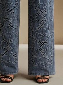 Anewsta Elaire Women's High Waist Fashion Embroidered Lace Loose Straight Wide Leg Jeans Pants - Blue - View 3