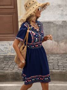 Brillora Đầm dự tiệc mùa hè cổ chữ V in họa tiết Mexico cho nữ - Màu xanh hải quân - Xem 6