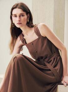 Uhlyne 优雅女士秋季亚麻长裙，配有可拆卸腰带，时尚办公室和度假装，棕色 - 棕色 - 查看 2