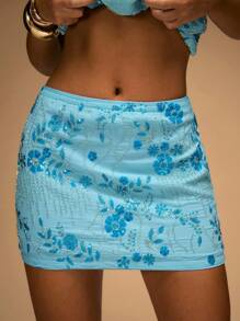 SHEIN BAE Women's Embroidered Beaded Decor Mid Low Waist Skirt, Suitable For Party, Daily Wear, Festival Celebrations, Street Events, Spring