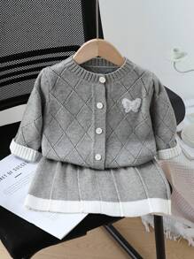 SHEIN 女婴时尚蝴蝶装饰纽扣前开衫和迷你裙套装 - 彩色 - 查看 5