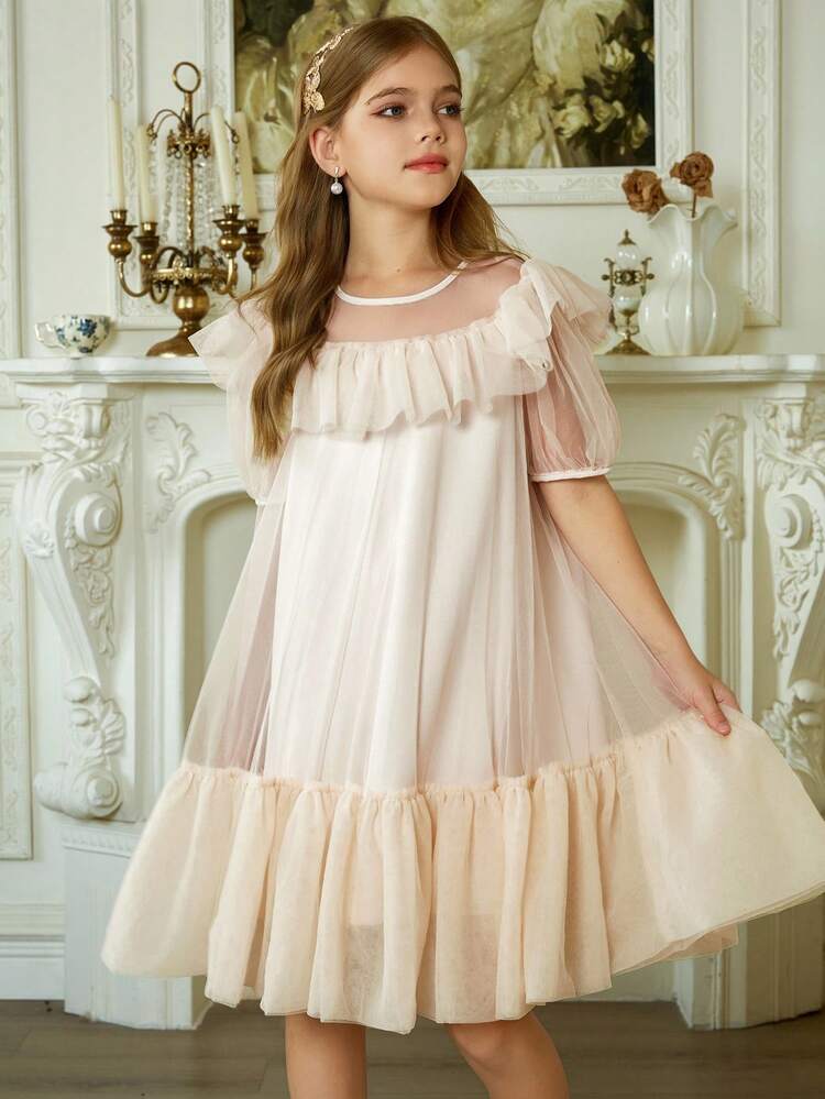 Tween Girl Short Sleeve Mesh Overlay Summer Dress